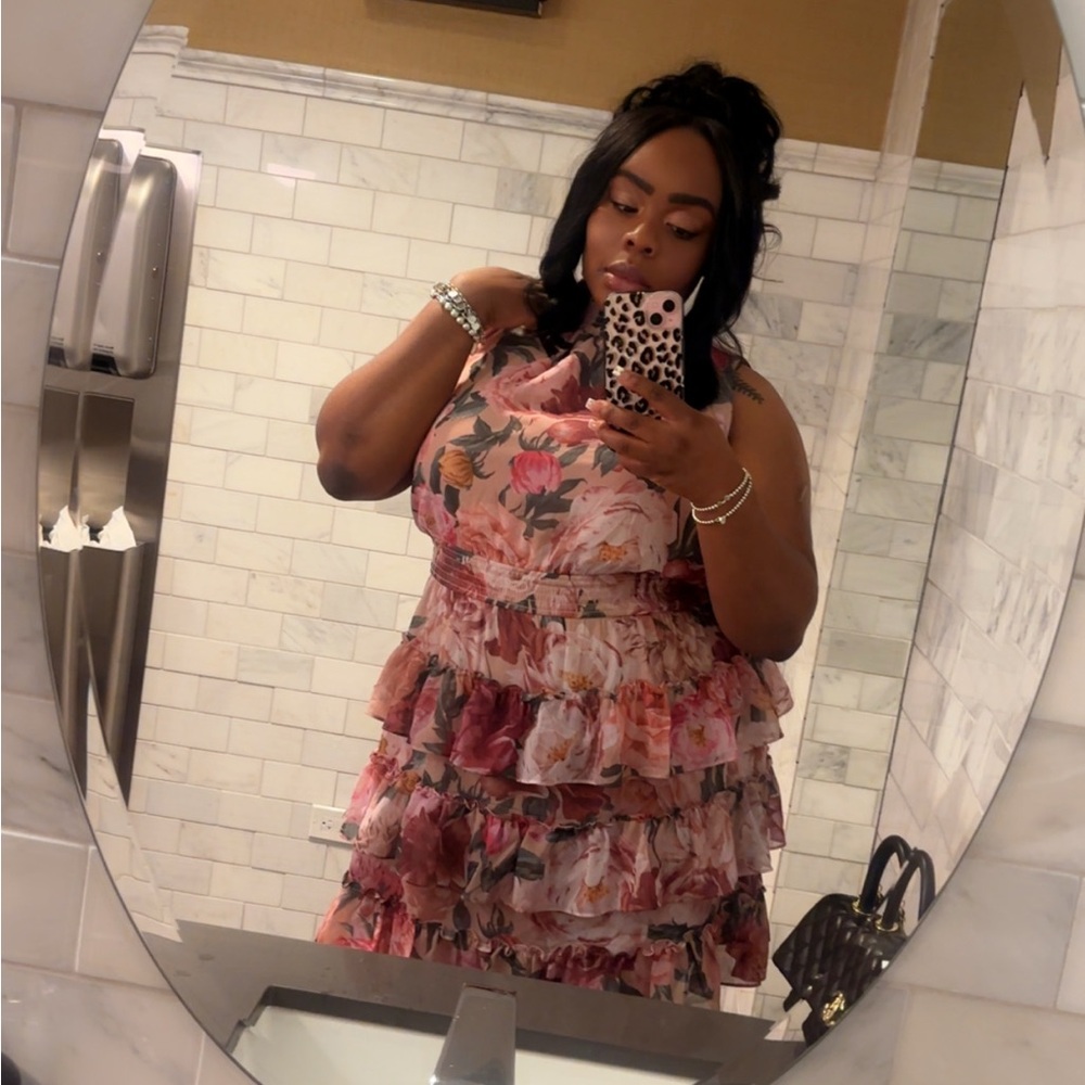 Express Floral Ruffle Midi Dress - Pink and Red